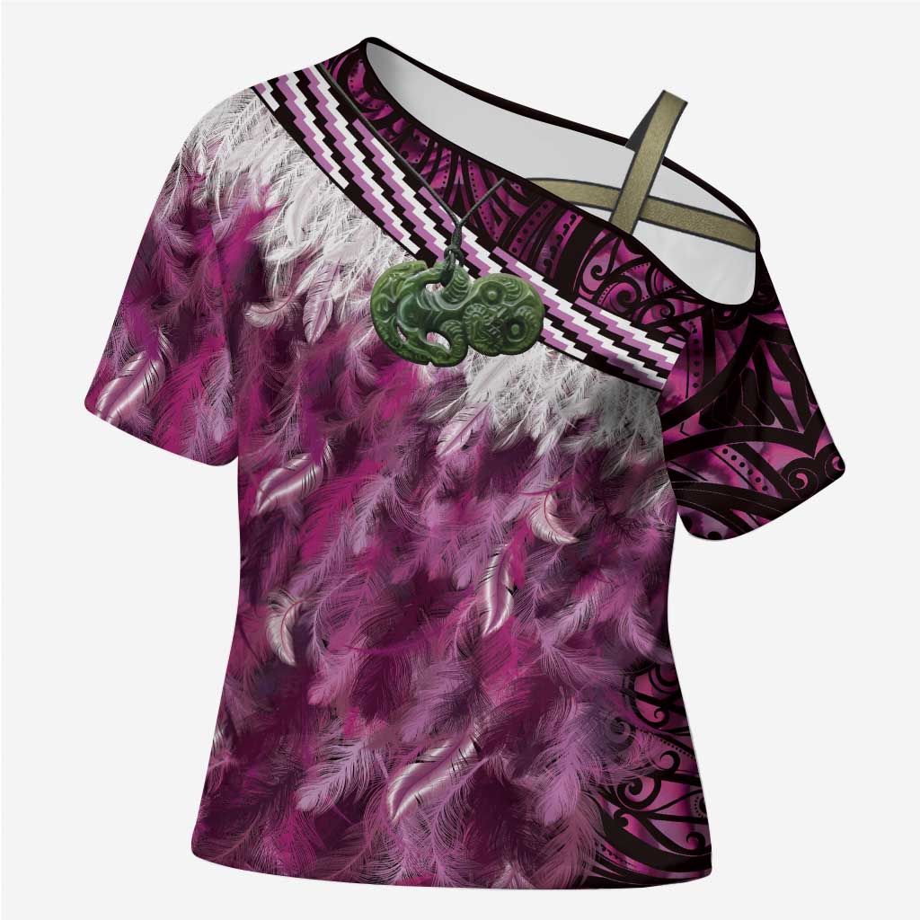 Pink Traditional Cloak Aotearoa Cross Shoulder Shirt Maori Paua Shell Korowai Pattern - Aussie Hoodie