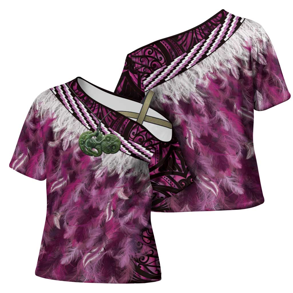 Pink Traditional Cloak Aotearoa Cross Shoulder Shirt Maori Paua Shell Korowai Pattern - Aussie Hoodie