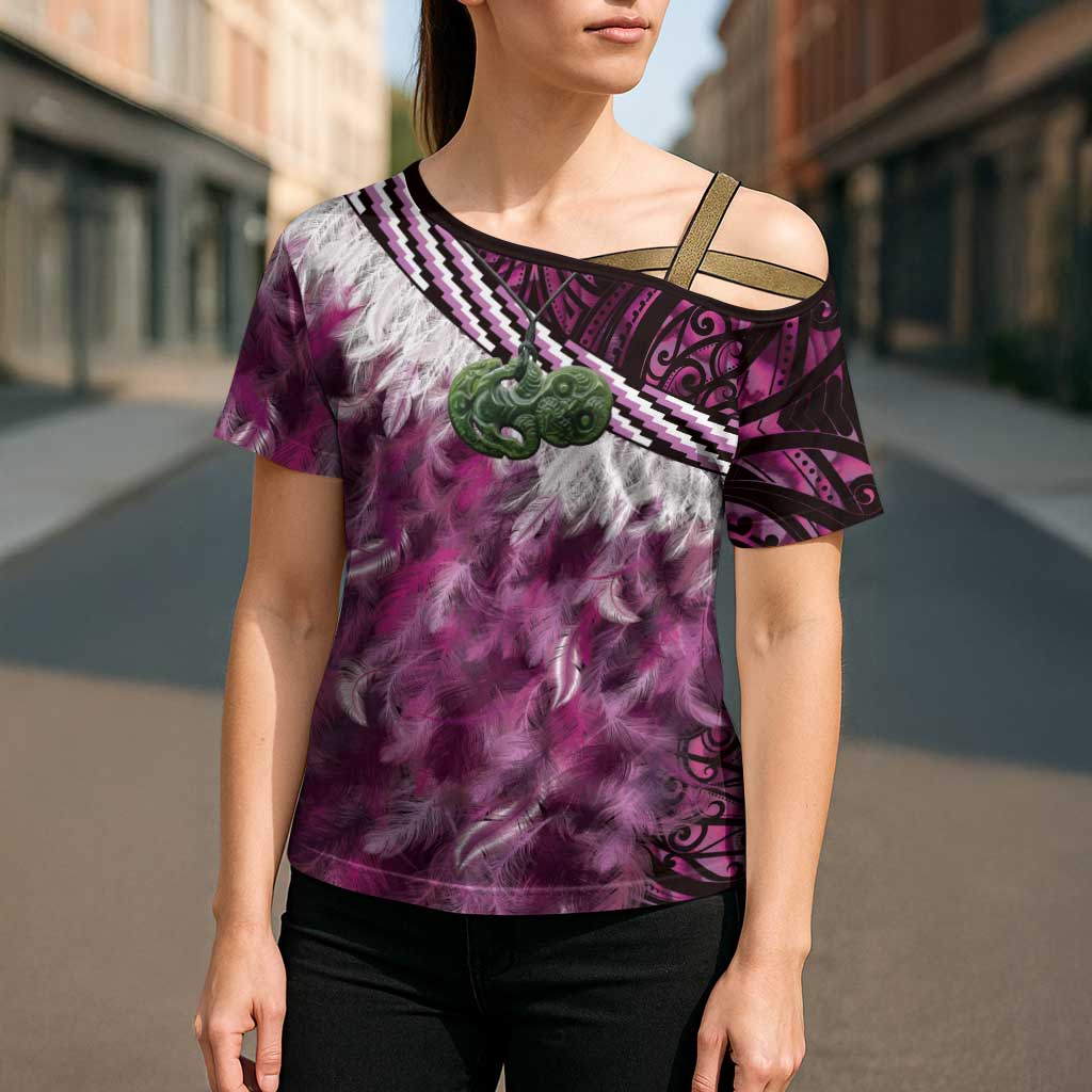 Pink Traditional Cloak Aotearoa Cross Shoulder Shirt Maori Paua Shell Korowai Pattern - Aussie Hoodie