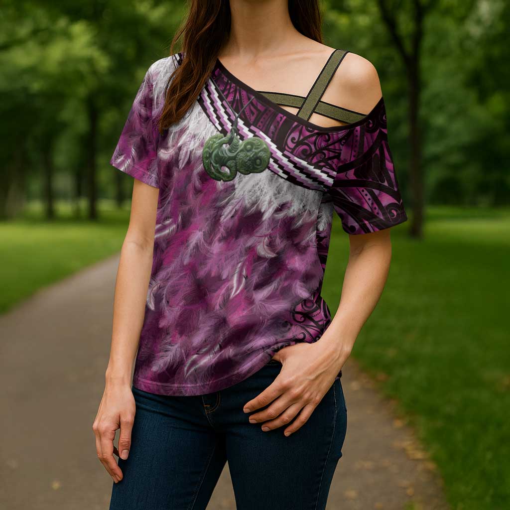 Pink Traditional Cloak Aotearoa Cross Shoulder Shirt Maori Paua Shell Korowai Pattern - Aussie Hoodie