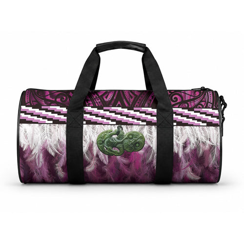 Pink Traditional Cloak Aotearoa Duffle Bag Maori Paua Shell Korowai Pattern