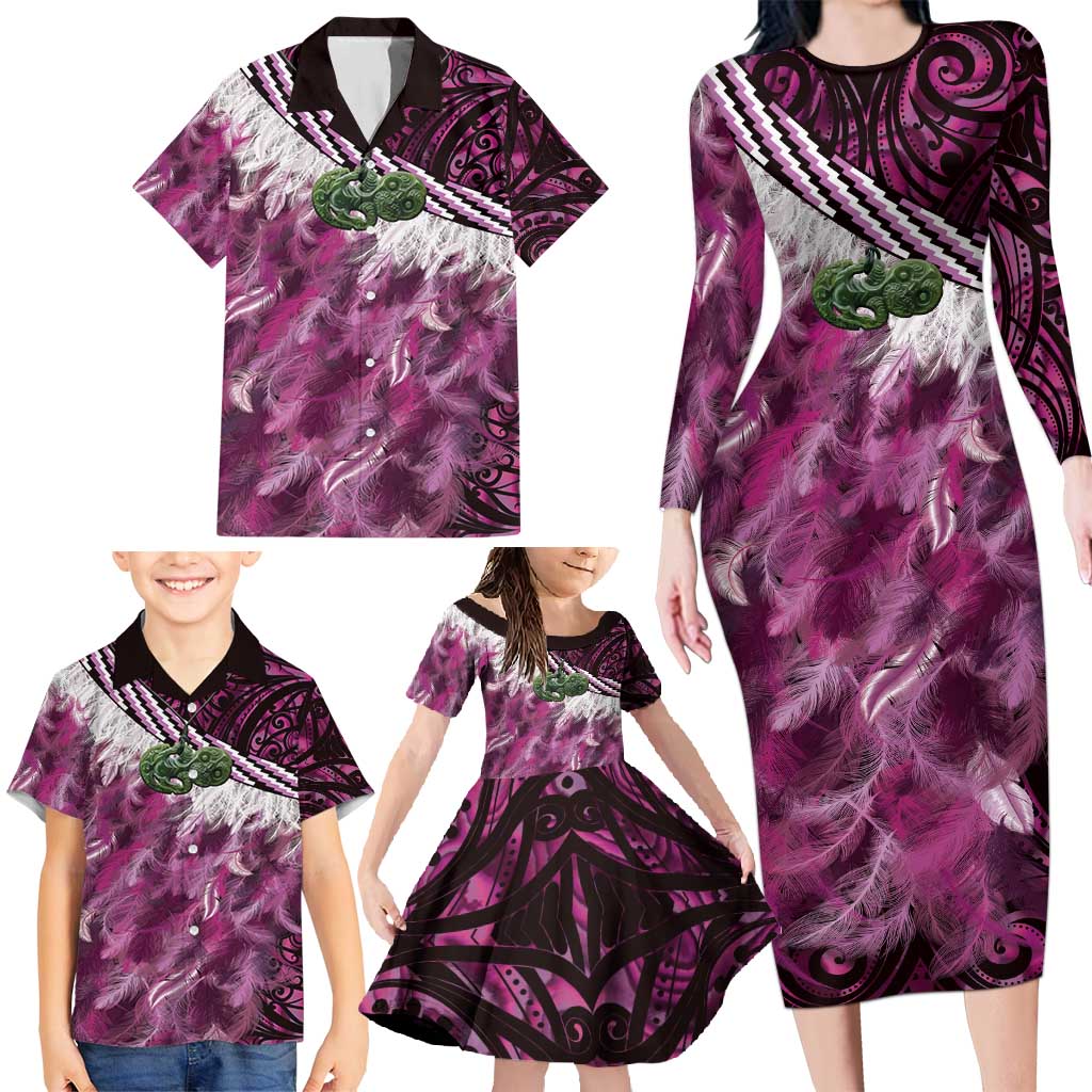 Pink Traditional Cloak Aotearoa Family Matching Long Sleeve Bodycon Dress and Hawaiian Shirt Maori Paua Shell Korowai Pattern