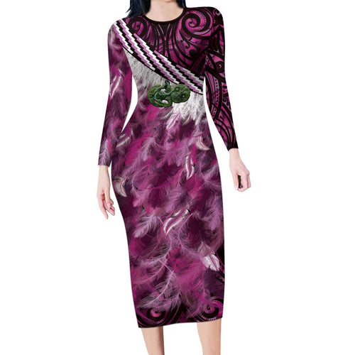 Pink Traditional Cloak Aotearoa Family Matching Long Sleeve Bodycon Dress and Hawaiian Shirt Maori Paua Shell Korowai Pattern