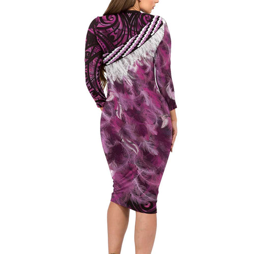 Pink Traditional Cloak Aotearoa Family Matching Long Sleeve Bodycon Dress and Hawaiian Shirt Maori Paua Shell Korowai Pattern
