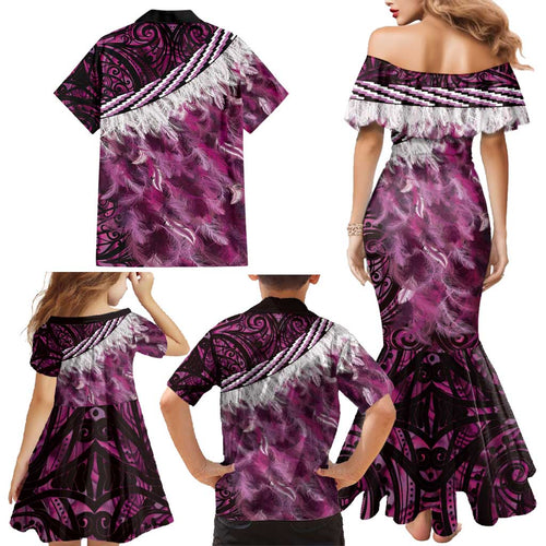Pink Traditional Cloak Aotearoa Family Matching Mermaid Dress and Hawaiian Shirt Maori Paua Shell Korowai Pattern