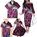 Pink Traditional Cloak Aotearoa Family Matching Off The Shoulder Long Sleeve Dress and Hawaiian Shirt Maori Paua Shell Korowai Pattern