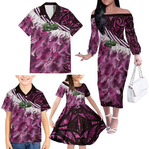 Pink Traditional Cloak Aotearoa Family Matching Off The Shoulder Long Sleeve Dress and Hawaiian Shirt Maori Paua Shell Korowai Pattern