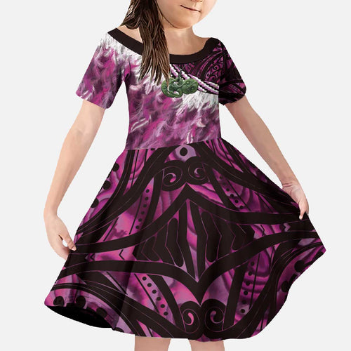 Pink Traditional Cloak Aotearoa Family Matching Off The Shoulder Long Sleeve Dress and Hawaiian Shirt Maori Paua Shell Korowai Pattern