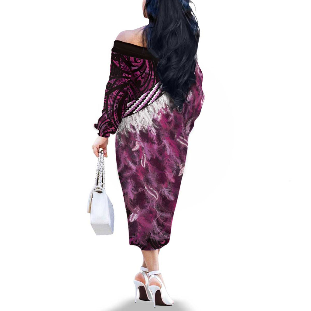 Pink Traditional Cloak Aotearoa Family Matching Off The Shoulder Long Sleeve Dress and Hawaiian Shirt Maori Paua Shell Korowai Pattern