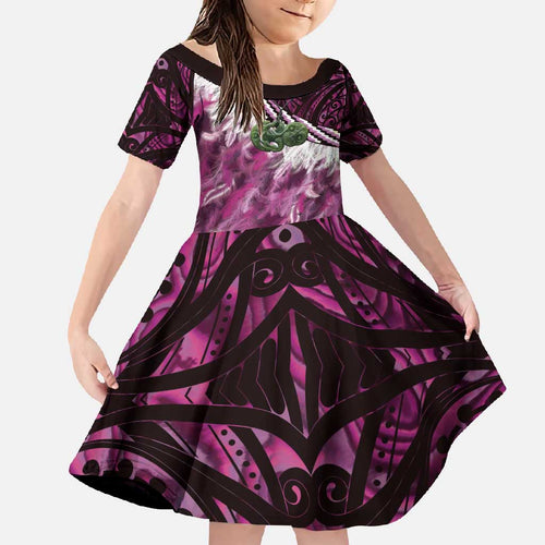 Pink Traditional Cloak Aotearoa Family Matching Off Shoulder Maxi Dress and Hawaiian Shirt Maori Paua Shell Korowai Pattern