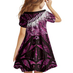 Pink Traditional Cloak Aotearoa Family Matching Off Shoulder Short Dress and Hawaiian Shirt Maori Paua Shell Korowai Pattern