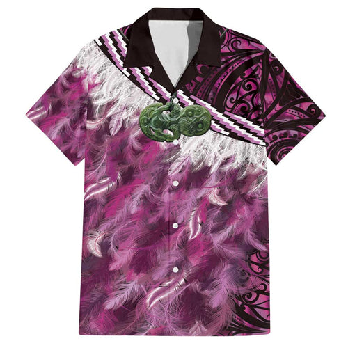 Pink Traditional Cloak Aotearoa Family Matching Off Shoulder Short Dress and Hawaiian Shirt Maori Paua Shell Korowai Pattern