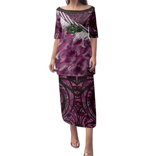 Pink Traditional Cloak Aotearoa Family Matching Puletasi and Hawaiian Shirt Maori Paua Shell Korowai Pattern