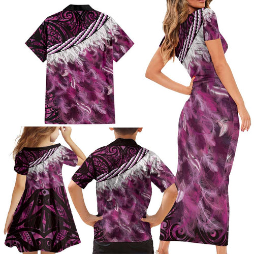 Pink Traditional Cloak Aotearoa Family Matching Short Sleeve Bodycon Dress and Hawaiian Shirt Maori Paua Shell Korowai Pattern