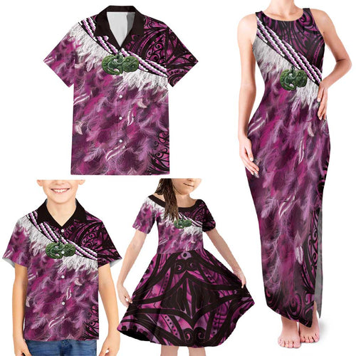 Pink Traditional Cloak Aotearoa Family Matching Tank Maxi Dress and Hawaiian Shirt Maori Paua Shell Korowai Pattern