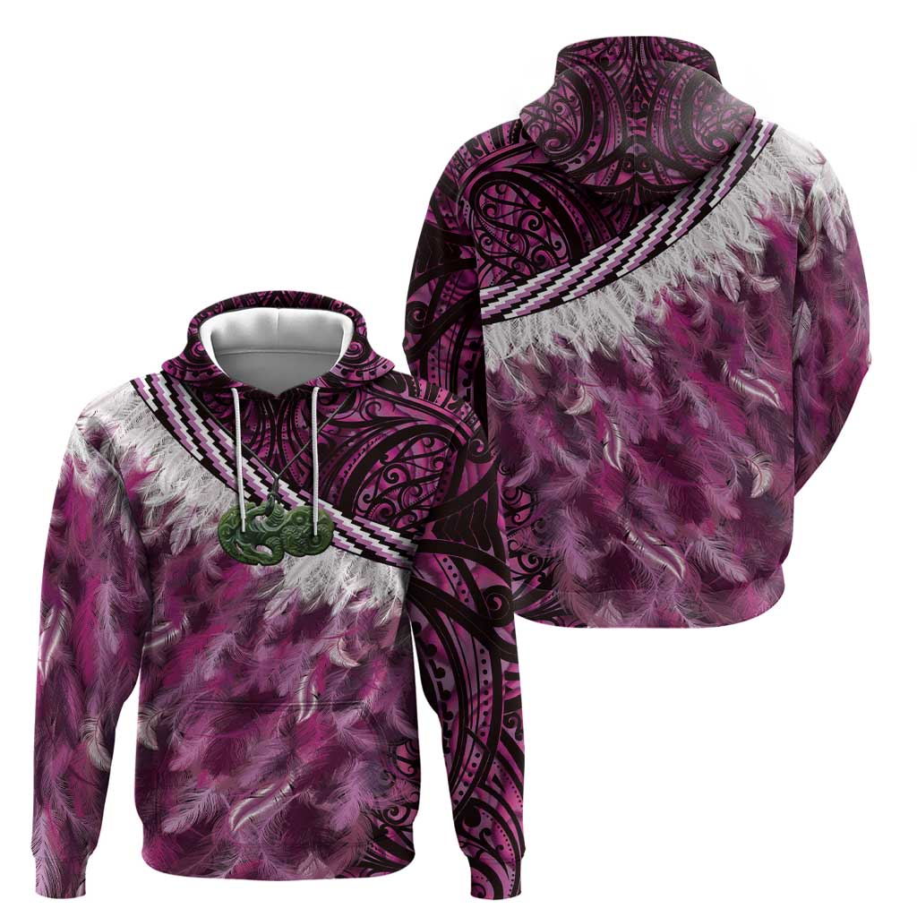 Pink Traditional Cloak Aotearoa Hoodie Maori Paua Shell Korowai Pattern