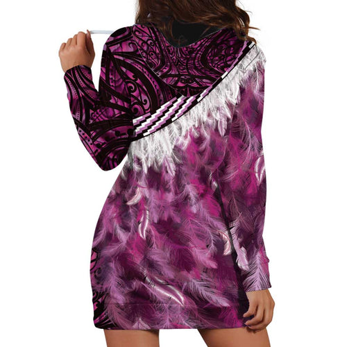 Pink Traditional Cloak Aotearoa Hoodie Dress Maori Paua Shell Korowai Pattern