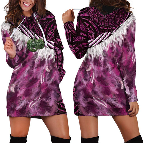 Pink Traditional Cloak Aotearoa Hoodie Dress Maori Paua Shell Korowai Pattern