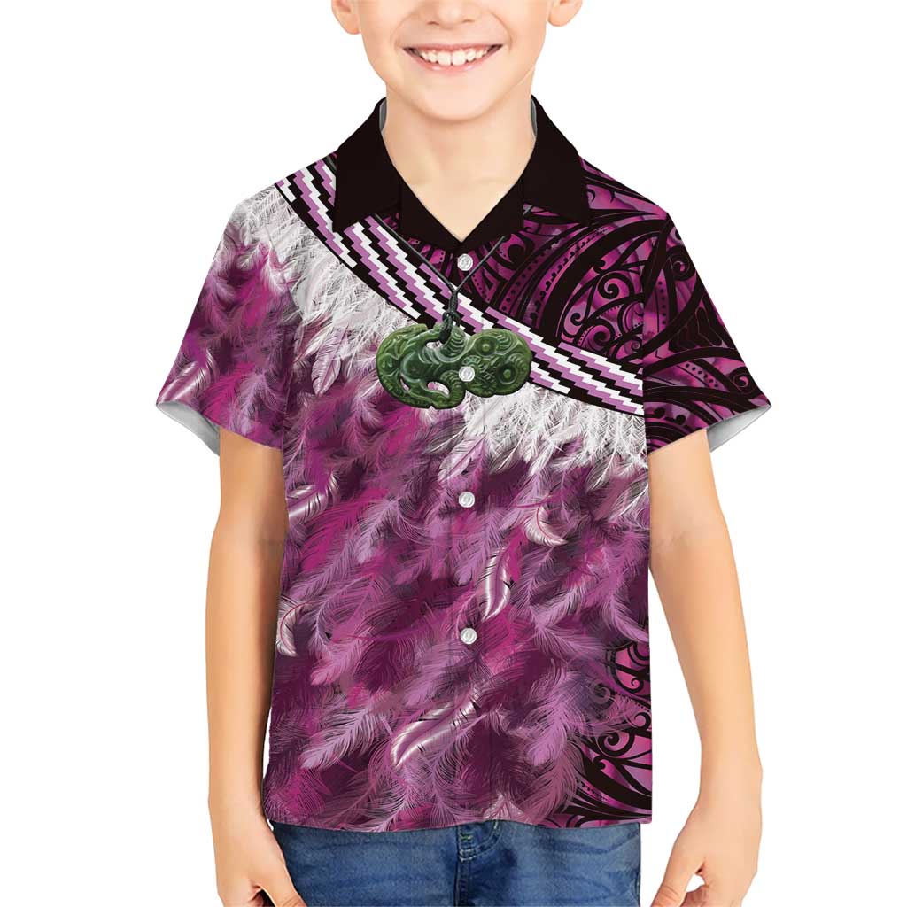 Pink Traditional Cloak Aotearoa Kid Hawaiian Shirt Maori Paua Shell Korowai Pattern