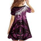 Pink Traditional Cloak Aotearoa Kid Short Sleeve Dress Maori Paua Shell Korowai Pattern