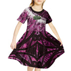 Pink Traditional Cloak Aotearoa Kid Short Sleeve Dress Maori Paua Shell Korowai Pattern