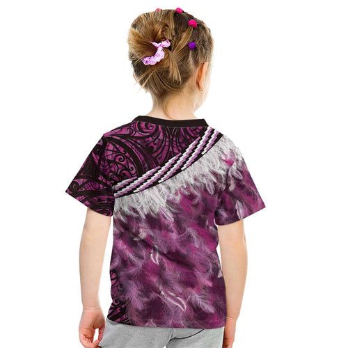 Pink Traditional Cloak Aotearoa Kid T Shirt Maori Paua Shell Korowai Pattern