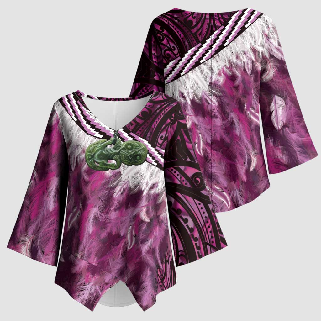 Pink Traditional Cloak Aotearoa Kimono Sleeve Blouse Maori Paua Shell Korowai Pattern - Aussie Hoodie