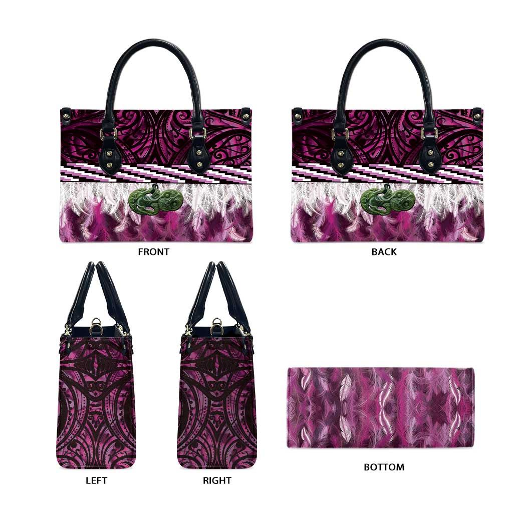 Pink Traditional Cloak Aotearoa Leather Bag Maori Paua Shell Korowai Pattern - Aussie Hoodie