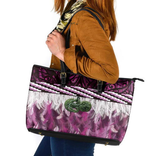 Pink Traditional Cloak Aotearoa Leather Tote Bag Maori Paua Shell Korowai Pattern
