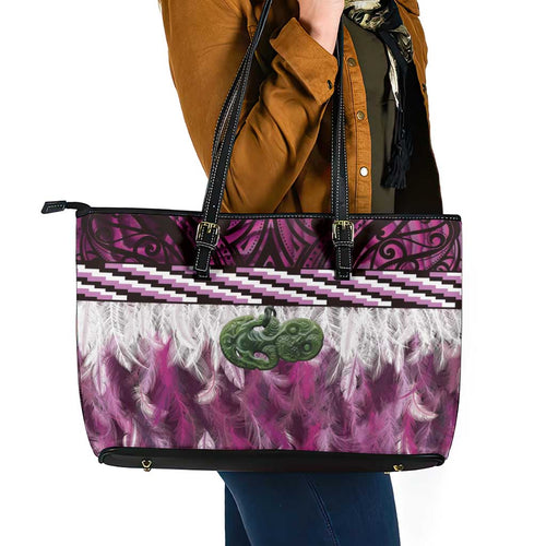 Pink Traditional Cloak Aotearoa Leather Tote Bag Maori Paua Shell Korowai Pattern