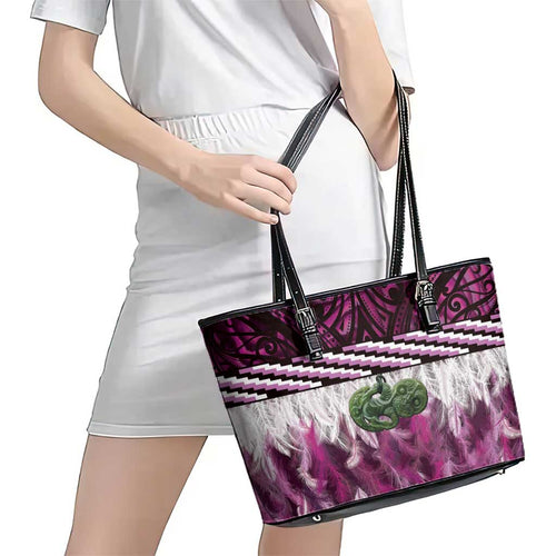 Pink Traditional Cloak Aotearoa Leather Tote Bag Maori Paua Shell Korowai Pattern