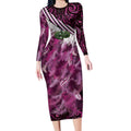 Pink Traditional Cloak Aotearoa Long Sleeve Bodycon Dress Maori Paua Shell Korowai Pattern