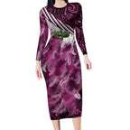 Pink Traditional Cloak Aotearoa Long Sleeve Bodycon Dress Maori Paua Shell Korowai Pattern