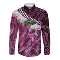 Pink Traditional Cloak Aotearoa Long Sleeve Button Shirt Maori Paua Shell Korowai Pattern