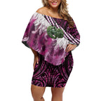 Pink Traditional Cloak Aotearoa Off Shoulder Short Dress Maori Paua Shell Korowai Pattern