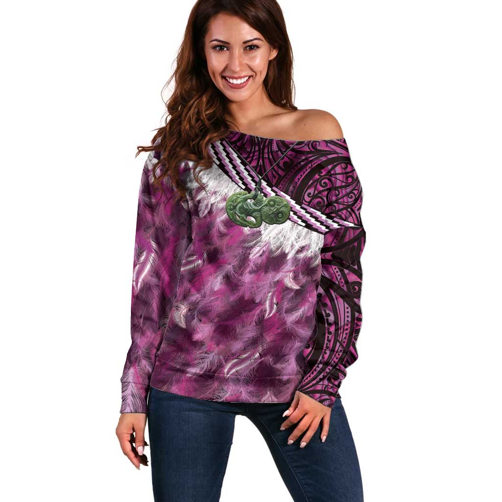 Pink Traditional Cloak Aotearoa Off Shoulder Sweater Maori Paua Shell Korowai Pattern