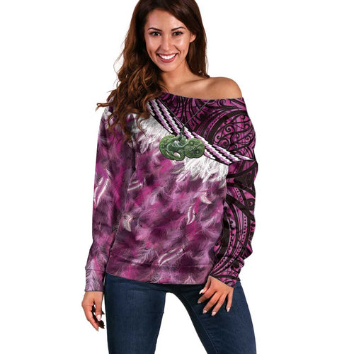 Pink Traditional Cloak Aotearoa Off Shoulder Sweater Maori Paua Shell Korowai Pattern