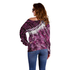 Pink Traditional Cloak Aotearoa Off Shoulder Sweater Maori Paua Shell Korowai Pattern