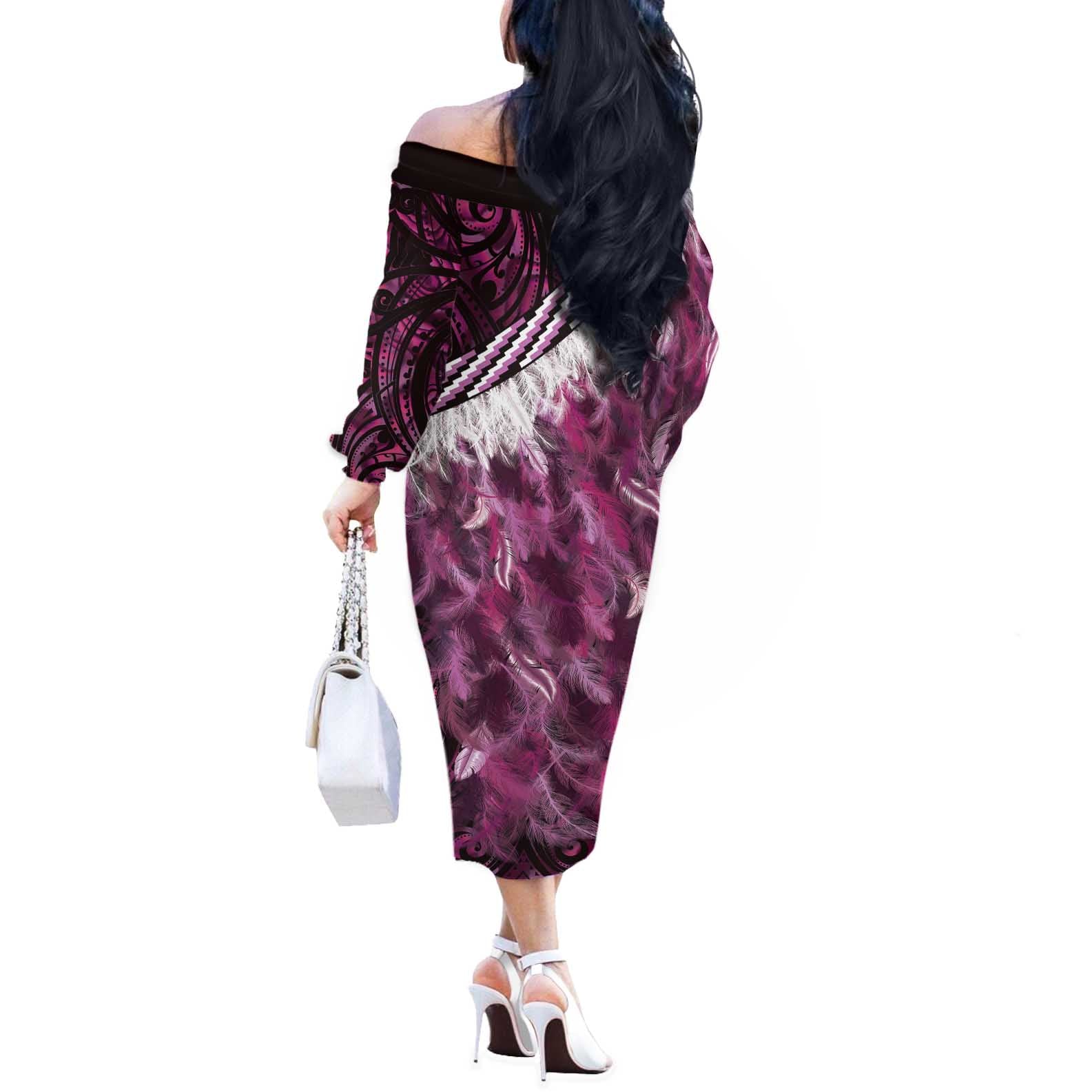 Pink Traditional Cloak Aotearoa Off The Shoulder Long Sleeve Dress Maori Paua Shell Korowai Pattern