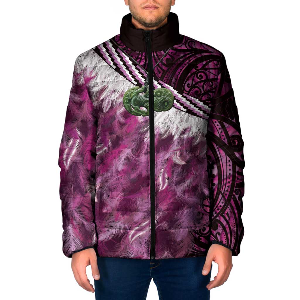 Pink Traditional Cloak Aotearoa Padded Jacket Maori Paua Shell Korowai Pattern - Aussie Hoodie