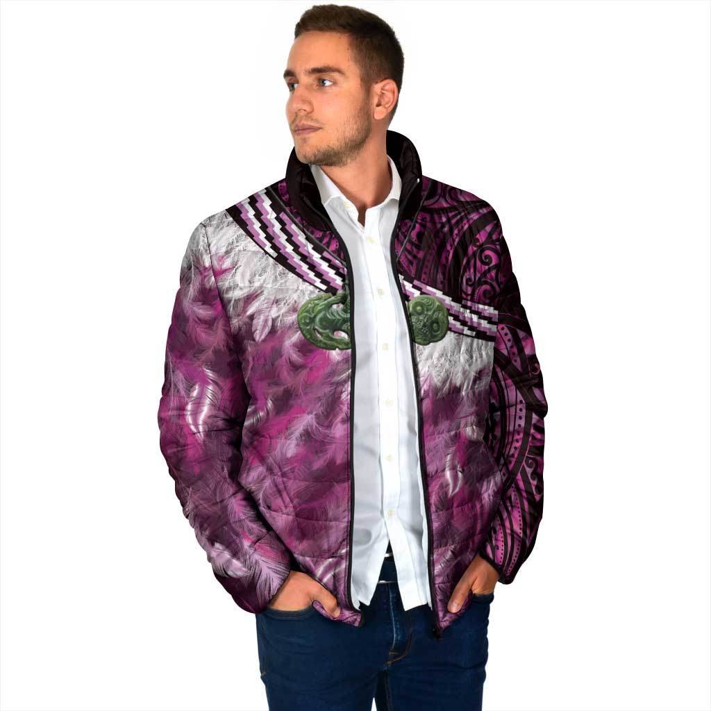 Pink Traditional Cloak Aotearoa Padded Jacket Maori Paua Shell Korowai Pattern - Aussie Hoodie