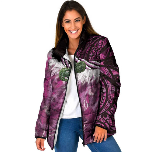 Pink Traditional Cloak Aotearoa Padded Jacket Maori Paua Shell Korowai Pattern - Aussie Hoodie