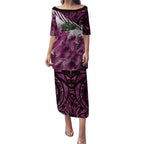 Pink Traditional Cloak Aotearoa Puletasi Maori Paua Shell Korowai Pattern