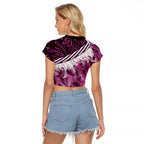 Pink Traditional Cloak Aotearoa Raglan Cropped T Shirt Maori Paua Shell Korowai Pattern