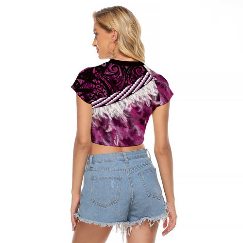 Pink Traditional Cloak Aotearoa Raglan Cropped T Shirt Maori Paua Shell Korowai Pattern