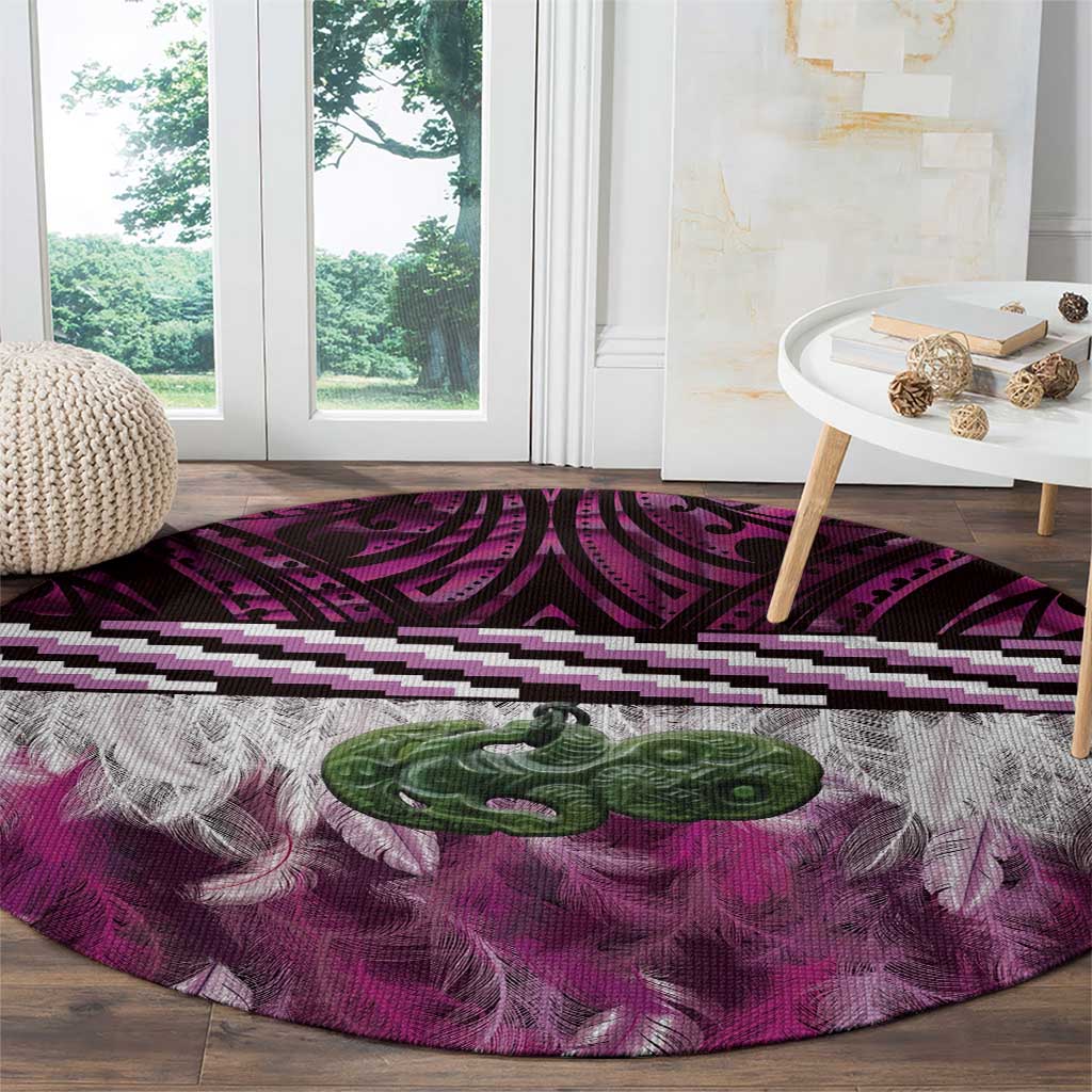 Pink Traditional Cloak Aotearoa Round Carpet Maori Paua Shell Korowai Pattern