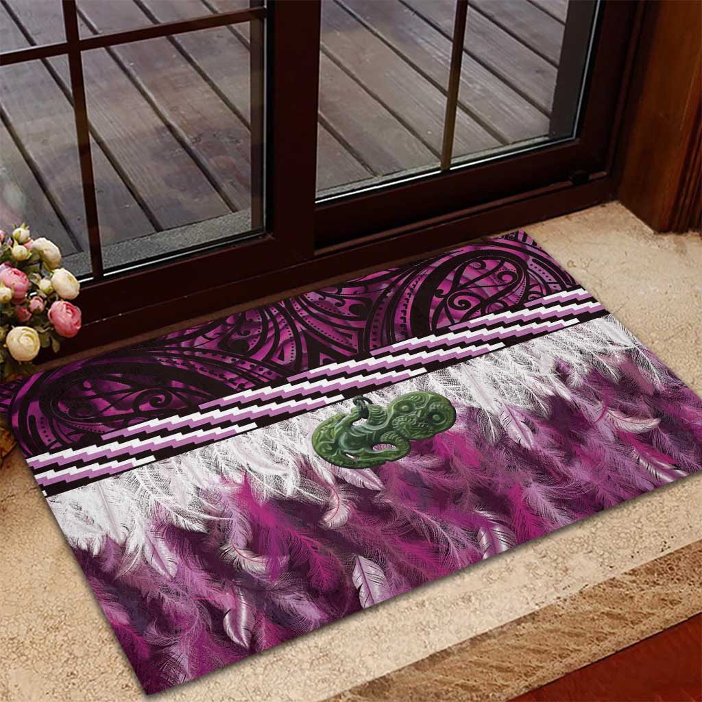 Pink Traditional Cloak Aotearoa Rubber Doormat Maori Paua Shell Korowai Pattern