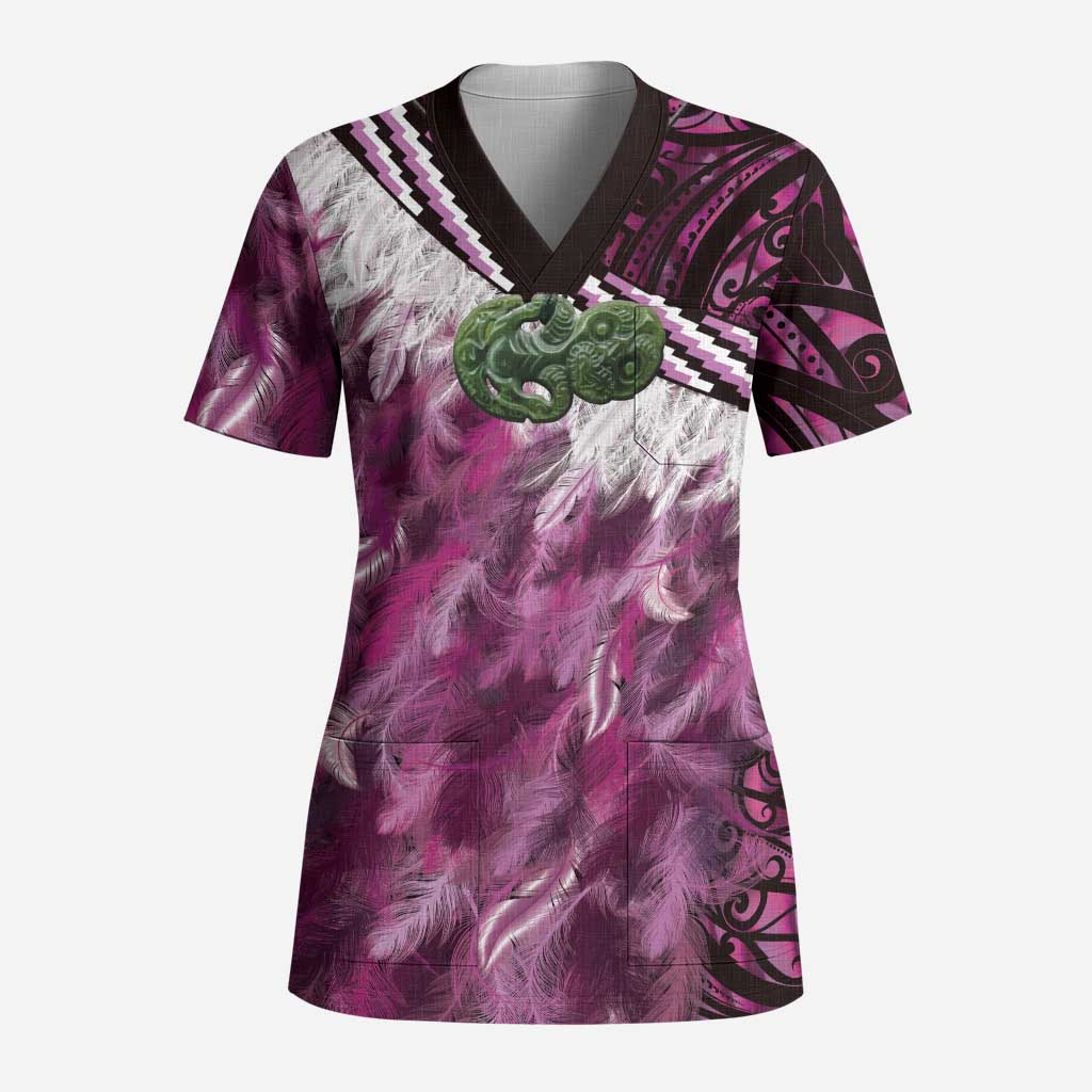 Pink Traditional Cloak Aotearoa Scrub Top Maori Paua Shell Korowai Pattern - Aussie Hoodie