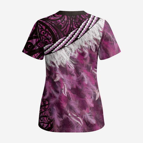 Pink Traditional Cloak Aotearoa Scrub Top Maori Paua Shell Korowai Pattern - Aussie Hoodie