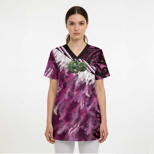 Pink Traditional Cloak Aotearoa Scrub Top Maori Paua Shell Korowai Pattern - Aussie Hoodie